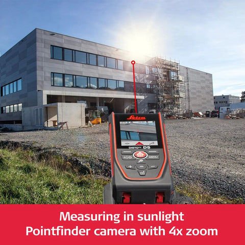 Pro Grade Laser Distance Meter D5 With 650 Ft Range Bluetooth Data Transfer 4X Camera Zoom Viewfinder Pointfinder Remote Measuring Smart Horizontal Alignment Add Subtract End Piece Hand Loop And Pouch, measuring building facade in sunlight