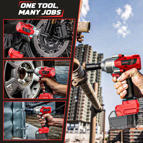 Cordless Half Inch Impact Wrench Bare Tool No Battery Included, 750 Foot Pounds of Torque, shown in various uses