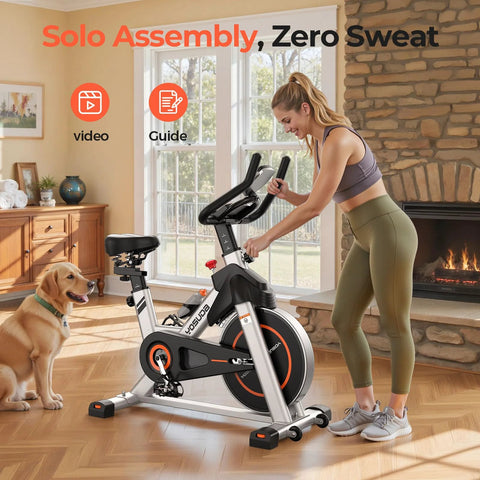 YOSUDA exercise bike, magnetic-grey indoor cycling bike, front view in a home living room