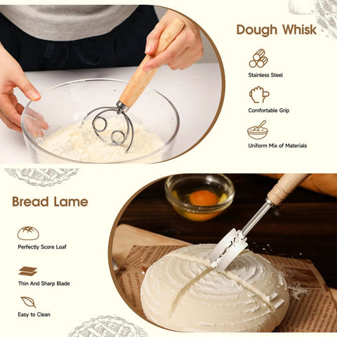 Hands using bread lame and dough whisk from Pro-Grade Sourdough Starter Kit With 50 Oz Jar, 17 Flavor Recipes, Two Proofing Baskets