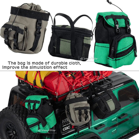 Roof Rack Accessory Kit For One Tenth Scale RC Crawlers TRX4 TRX6 SCX10 Red Cat Including Luggage Bag attached to RC vehicle