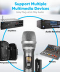 Dual UHF Wireless Microphone System with Receiver Kit connected to amplifiers, audio receivers, PA speakers, and mixers.