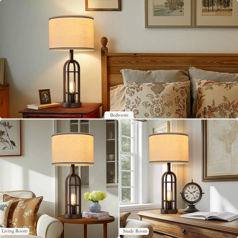 Farmhouse Style Table Lamps Set Of 2, 28 Inch Tall, 3 Way Dimmable Touch Lamps With Dual USB Ports, Industrial Linen Shade