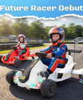 Children racing in 12V Kids Electric Drift Go Kart For Ages 4 And Up With Music And LED Lights Swivel Rear Wheels Adjustable Seat Belt Outdoor Ride On Toy For Boys And Girls White Finish Safe Speed Around 4.9 MPH