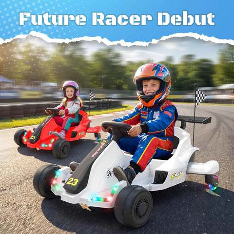 Children racing in 12V Kids Electric Drift Go Kart For Ages 4 And Up With Music And LED Lights Swivel Rear Wheels Adjustable Seat Belt Outdoor Ride On Toy For Boys And Girls White Finish Safe Speed Around 4.9 MPH