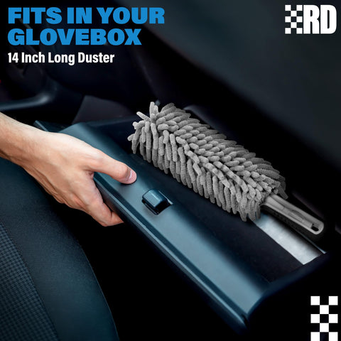 Car Interior Duster For Quick Cleanups In The Glovebox Lint Free Scratch Free Dashboards And Surfaces Great For Women And Men On The Go Designed To Fit In Any Glovebox Safe On Surfaces No Lint Left Behind Easy Grip And Travel Friendly shown in glovebox