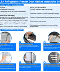 Freezer door gasket installation guide infographic, white gasket with six steps