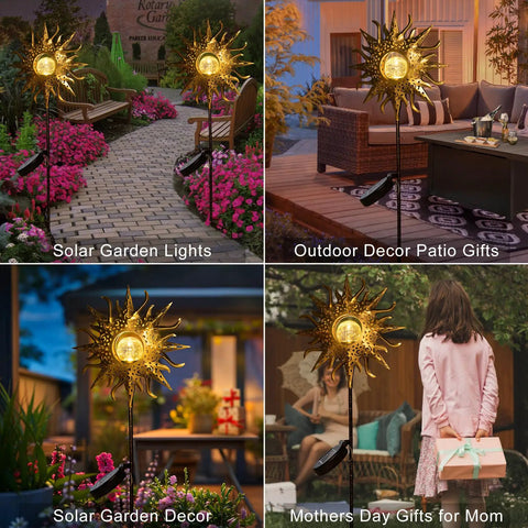 Sun Powered Solar Garden Light Stake With Crackle Glass Metal Finish illuminating garden and patio as outdoor decor, perfect for gifts.