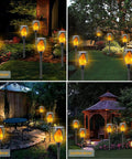 Outdoor Solar Tiki Torch Lights With Realistic Flickering Flame, 8 Pack Waterproof Pathway Garden Candles For Patio Yard Walkway Halloween Decor, Wireless No Wiring Needed For Easy Setup And Nighttime Ambience lighting up garden and patio.