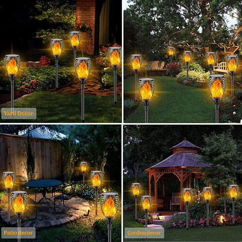 Outdoor Solar Tiki Torch Lights With Realistic Flickering Flame, 8 Pack Waterproof Pathway Garden Candles For Patio Yard Walkway Halloween Decor, Wireless No Wiring Needed For Easy Setup And Nighttime Ambience lighting up garden and patio.