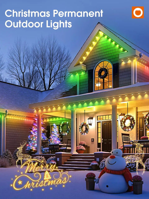 House decorated with colorful permanent outdoor Christmas lights, illuminated in the evening, with snowman and festive trees.