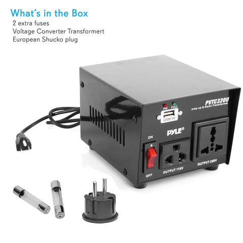 Beefy 500W Step Up Step Down Voltage Converter With USB Charging Port 110V To 120V And 220V To 240V And Back Safe Breaker Compact 7x7x5 Inch Transformer with included fuses and plug adapter