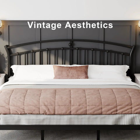 Classic King Size Metal Bed Frame With Sculpted Headboard And Vintage Romance Vibes Built Rock Solid On Thick Black Steel With Thirteen Hardened Slats For A Dead Silent Rest Plus Twelve Inch Underbed Storage For Super Easy Room Setup, featuring a black sculpted headboard and stylish bedding.