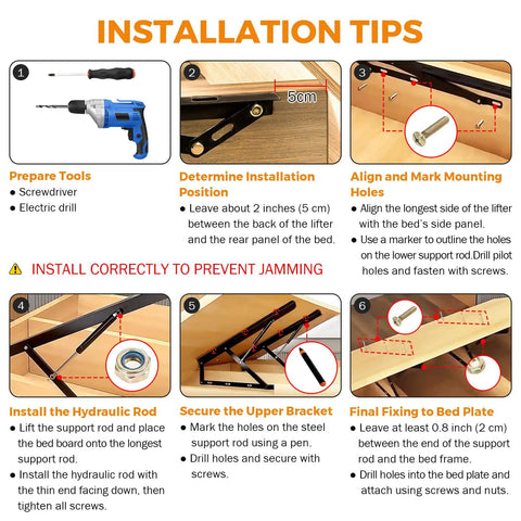 Installation tips for Heavy Duty 4.6 Ft Storage Bed Lift Mechanism showing tool use and setup steps.