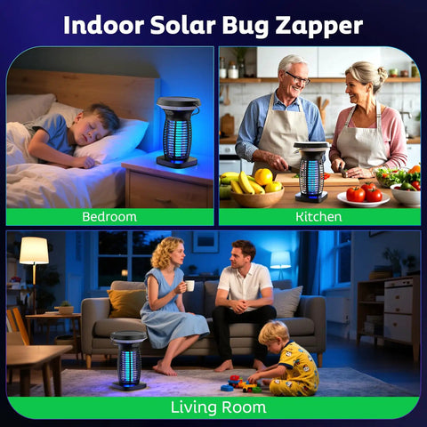 Solar Powered Bug Zapper Outdoor All Weather Waterproof Mosquito Fly Trap 4200V Electric Grid for bedroom, kitchen, living room