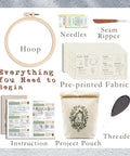 Embroidery kit contents: hoop, needles, seam ripper, pre-printed fabric, instruction book, project pouch, threader.