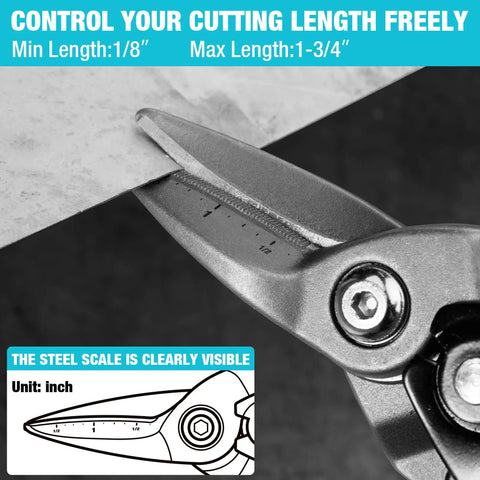 Close-up of 10 Inch Aviation Snips Straight Cut Tin Snips For Cutting Metal Sheets Built Tough CR-V Steel With Visible Cutting Length