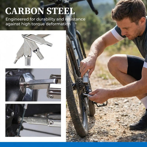 Cyclist using Eight In One Bike Multitool With Hex Keys 2mm 3mm 4mm 5mm 6mm Torx T25 And Phillips Screwdriver on road bike