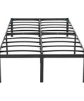 Heavy Duty Full Bed Frame With 18 Inch Rise Black Finish Noise Free Design No Box Spring Required No Sweat Assembly Steel Slats Construction Crushes Up To 700 Pounds Rock Solid Setup viewed from the side showing steel slats.