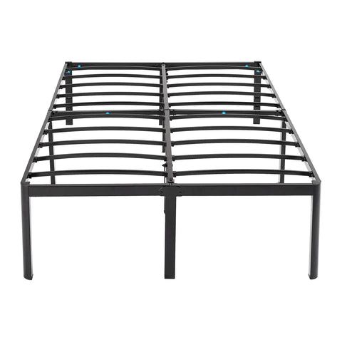 Heavy Duty Full Bed Frame With 18 Inch Rise Black Finish Noise Free Design No Box Spring Required No Sweat Assembly Steel Slats Construction Crushes Up To 700 Pounds Rock Solid Setup viewed from the side showing steel slats.