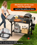 Heavy Duty Pizza Oven Table With Topping Station On Wheels Gigantic Countertop Cart For Large Pizzas And Outdoor Grillin in use on patio