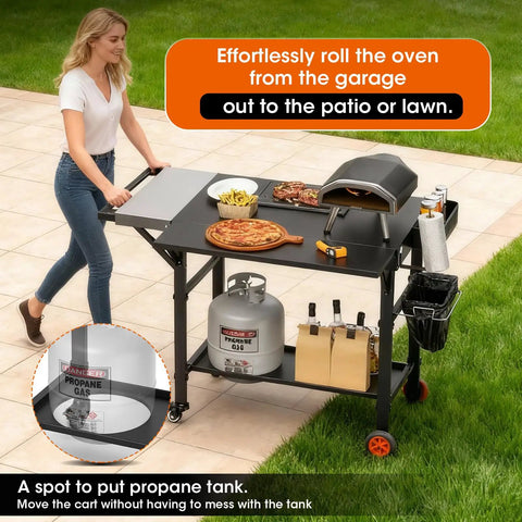 Heavy Duty Pizza Oven Table With Topping Station On Wheels Gigantic Countertop Cart For Large Pizzas And Outdoor Grillin in use on patio