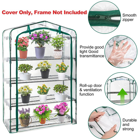 Extra Wide 4 Tier Greenhouse Replacement Cover 63 x 40 x 19 Inches Durable Clear PVC For Plants And Flowers Roll Up Zipper Door Breathable Air Flow And Humidity Control Frame Not Included