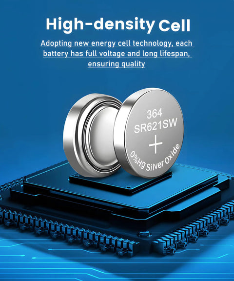 Top Shelf SR621SW And 364 Watch Batteries Ten Pack 1.55V Silver Oxide Button Cells on a blue circuit board background.