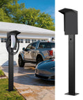 Heavy Duty Outdoor EV Charger Pedestal With Weather Shield Roof For Tesla Wall Connector And J1772 Level 2 Stations shown in residential setting.