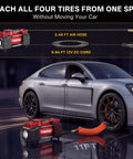 Beefy 12V Double Cylinder Tire Inflator next to car with 2.46 ft air hose, 11 ft extension emphasizing reach.