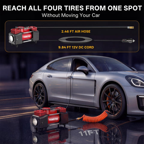 Beefy 12V Double Cylinder Tire Inflator next to car with 2.46 ft air hose, 11 ft extension emphasizing reach.