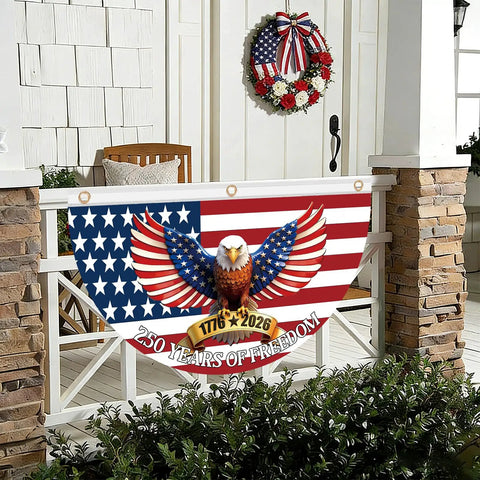 Two Pack 250th Anniversary USA Bunting Flag 4x2 Feet Patriotic Eagle Banner For Fourth Of July And Memorial Day 1776 2026 Design With Red White Blue Colors 250 Years Of Freedom Flag Decoration on porch