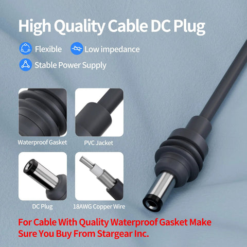 Heavy Duty Slick Road Ready DC Power Cable For Starlink Mini Featuring Direct Cigarette Lighter Adapter showing flexible DC plug and waterproof design.