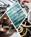 Assorted materials: metal pipes, glass sheets, ceramic dishes, tap, machine gears, suitable for Heavy Duty 2 Part Epoxy Metal Repair Glue