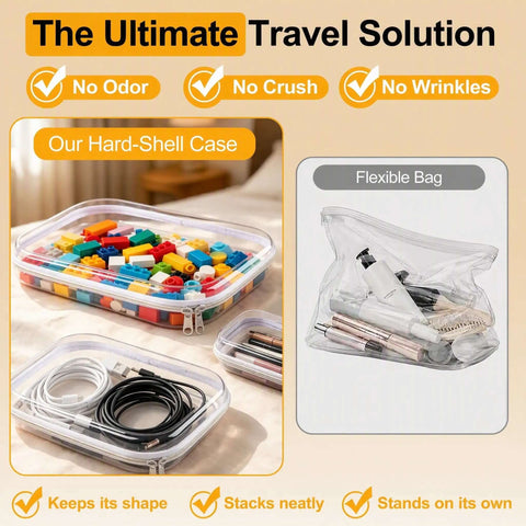 Game Changing Clear Hard Shell Zipper Pouches Including One Medium And Three Small Sizes Designed To Master Your Diaper Bag Setup While Keeping All Daily Essentials Secure And Hassle Free, showcasing two zipper cases with colorful items inside.