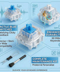 Blue 3 Pin Keyboard Clickers For 3D Printing Projects With Switch Puller And Brush, Crisp Tactile Feedback For Mechanical Keyboard Switches, Dustproof, Game Ready For Office And Gaming LED Keyboards, Universal Replacement Parts, 30 Pack shown with tactile feedback and durability details.