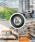 2 Pack Mini Digital Hygrometer Gauge With LCD Thermometer displaying temperature in greenhouse, office, bedroom, and storeroom.