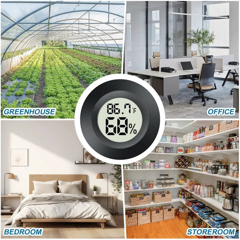 2 Pack Mini Digital Hygrometer Gauge With LCD Thermometer displaying temperature in greenhouse, office, bedroom, and storeroom.