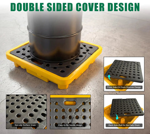 Heavy Duty Spill Containment Pallet For 55 Gal Drum, Low Profile Leak Proof Platform With 11.35 Gallon Sump, Removable Grating