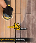 Cordless Palm Sander Tool Only Brushless Motor 5 Inch Random Orbital Sander in use on wood surface for sanding.