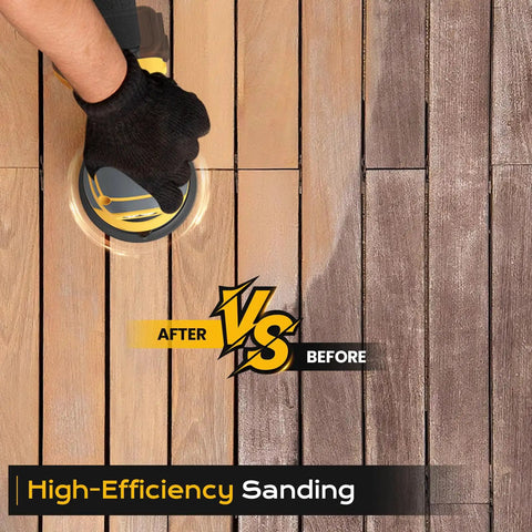 Cordless Palm Sander Tool Only Brushless Motor 5 Inch Random Orbital Sander in use on wood surface for sanding.