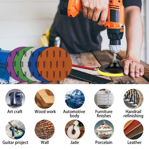 Water Grit Sandpaper Kit with 5 Inch Backing Pad for Wet and Dry Grinding 2000 3000 5000 7000 10000 Grits in use on wood surface