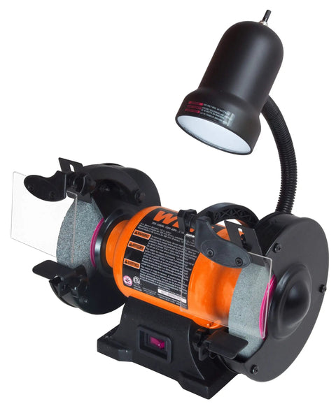 Heavy Duty 6 Inch Bench Grinder Rig With Rock Solid Cast Iron Stand And Handy Water Pot Tray For Tough Metalwork And Quick Tool Sharpening Chores with flexible light.