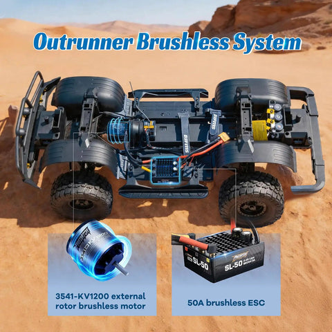 Toyota Licensed LC80 One Tenth Scale Brushless RC Crawler With 4x4 Real Off Road Power, shown with internal brushless motor system