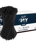 Skinny Black Plastic Sip Stirrer Straws For Coffee And Cocktails, Seven And A Half Inch Stirrers, Durable Sturdy Drink Sticks For Home Office Bar Or Cafe, 1000 Per Box, displayed in packaging and stacked
