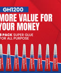 8 Pack 4 Gram Super Glue With Anti Clog Cap For Easy Mess Free Bonding Ultra Fast Cyanoacrylate Adhesive shown in red packaging