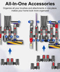 Diagram of Two Pack Docking Station Wall Mount Storage Brackets for V7 through V15 vacuums with organized attachments.