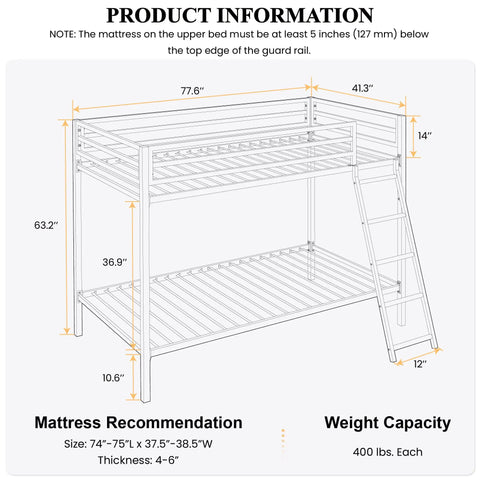 Twin Over Twin Bunk Bed With Secure Side Rails And Quick Rise Ladder Heavy Duty Steel Rig Built Tough 400 Lb Weight Capacity Room Saving Sleep Stack In Fresh Black Finish dimensions and specifications diagram