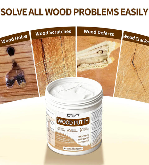 Premium White Wood Filler For Furniture Repair Heavy Duty Blend used to fix wood holes, scratches, and cracks on surfaces.