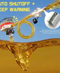 5 Gpm Cordless Fuel Transfer Pump With Auto Shut Off And Beep Alert dispensing liquid, showing yellow hose and sensor.
